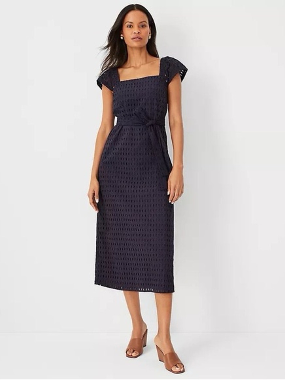 Ann Taylor Size 14 Navy Eyelet Square Neck Puff Sleeve Midi Dress